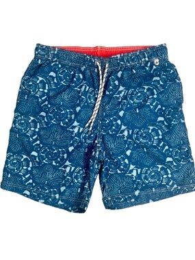Lands' End Men's Swim Trunks Size L Blue Nautilus Shell Leaf Print Lined